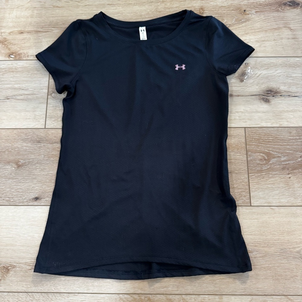 Under Armour black short sleeved athletic workout top, pink logo, stretchy, S. - Picture 2 of 7